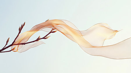 A decorative satin ribbon hanging from a branch in a soft breeze, showcasing its flowing movement and glossy texture against a clear sky.の素材