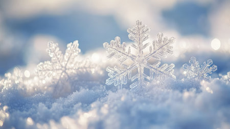 A close-up macro shot of intricate natural snowflakes resting on soft, white snow, with delicate crystal patterns visible against a blurred winter background.の素材