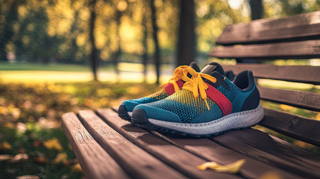 A close-up of colorful sneakers resting on a wooden bench in a park, with grass and trees in the background, emphasizing an active outdoor lifestyle.の素材