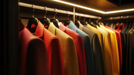 A collection of colorful shirts, jackets, and coats hanging on sleek black hangers in a well-lit closet, creating a tidy and organized look.の素材
