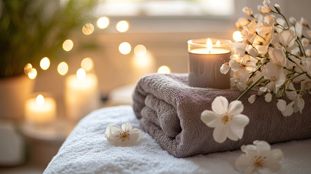 A cozy spa environment with plush towels, a scented candle, and fresh flowers placed on a treatment table, creating an inviting and relaxing atmosphere.の素材
