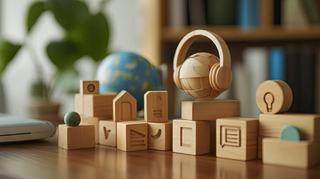 A close-up of wooden blocks showcasing digital learning icons, including a globe, headset, and mobile device, sitting on a study table.の素材