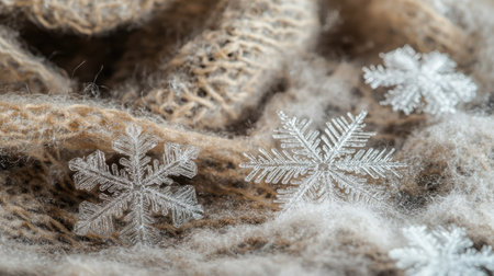 A close-up of several snowflakes fallen onto a wool scarf, with their icy, symmetrical forms contrasting against the soft, warm fabric.の素材