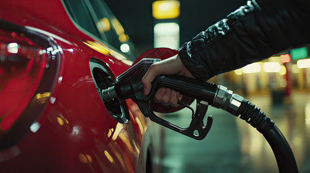 A close-up shot of a hand gripping a petrol gun, poised to refuel a shiny red car at a modern gas station, capturing the action and convenience of filling up.の素材