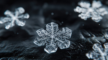 A close-up of several perfectly formed snowflakes on a dark, textured background, highlighting their symmetrical patterns and delicate crystals.の素材