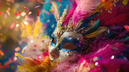 A close-up shot of a dazzling carnival mask adorned with feathers, glitter, and beads, resting on a vibrant backdrop of fabric and confetti, capturing the festive spirit.の素材