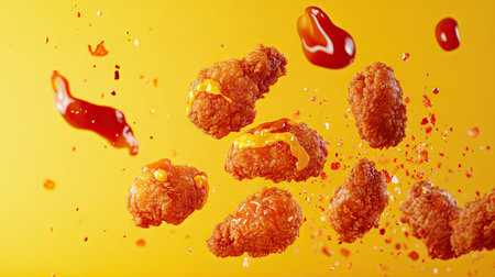 A collection of crispy chicken bites soaring in mid-air, with splashes of ketchup and mustard against a sunny yellow background.の素材