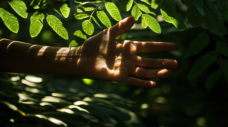 A creative image of a person's hand blocking sunlight streaming through leaves, with dappled shadows playing on the arm, showcasing nature's beauty and tranquility.の素材