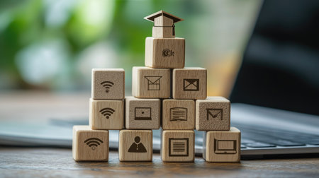 A creative arrangement of wooden blocks featuring Wi-Fi, book, and graduation cap icons, symbolizing online education, with a keyboard in the background.の素材
