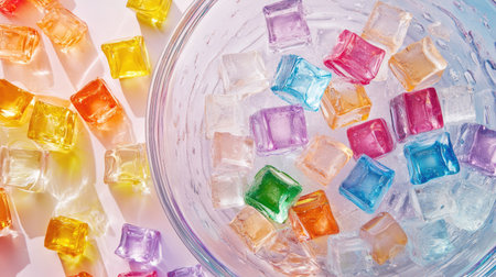 A creative shot of colored ice cubes floating in a clear punch bowl, with a silicone ice cube tray artistically displayed nearby, emphasizing a festive gathering.の素材