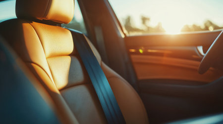 A close-up shot of a securely fastened seatbelt in a car, highlighting its importance in ensuring passenger safety while driving on a sunny day.の素材