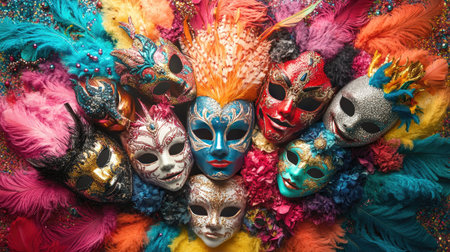 A festive flat lay of various styles of colorful carnival masks surrounded by glitter, feathers, and colorful beads, highlighting the creativity and fun of the celebration.の素材