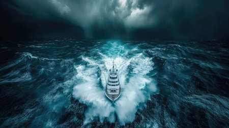 A dramatic overhead view of a yacht navigating through choppy waters during a storm, with dark clouds looming and waves crashing, showcasing the power of nature.の素材