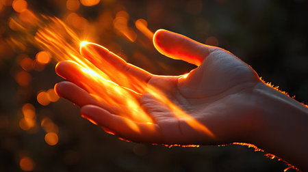 A dramatic shot of a hand reaching toward the sun with sunbeams piercing through the fingers, creating a striking visual effect that highlights the power of nature.の素材