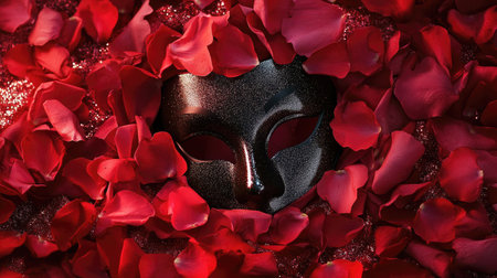 A dramatic photo of a carnival mask resting on a bed of rose petals and glitter, creating a romantic and enchanting setting that highlights the beauty of the masks.の素材