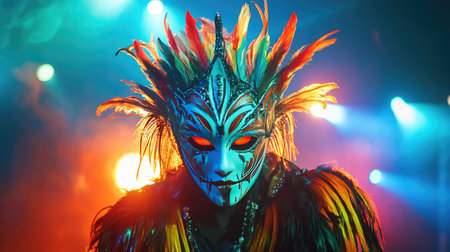 A dramatic shot of a performer on stage in a stunningly designed carnival mask, with intricate details and bold colors illuminated by vibrant stage lights.の素材