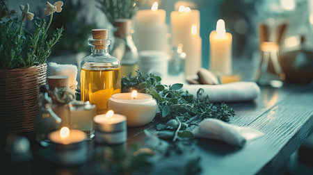 A detailed shot of spa treatment essentials, including fresh herbs, oils, and candles, arranged artfully on a wooden table with soft lighting.の素材