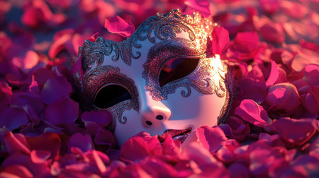 A dramatic photo of a carnival mask resting on a bed of rose petals and glitter, creating a romantic and enchanting setting that highlights the beauty of the masks.の素材