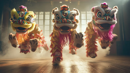 A dynamic photo of lion dancers leaping through the air, their colorful costumes flowing, as they engage in a lively performance filled with energy and excitement.の素材
