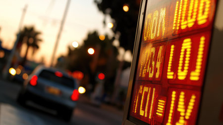 A detailed close-up of a gas station sign displaying fuel prices, with a car in the background, emphasizing the economic aspect of refueling.の素材
