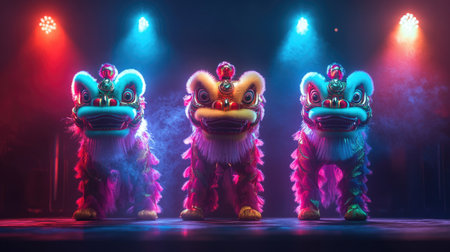 A mesmerizing image of a lion dance performance illuminated by colorful stage lights, creating a magical ambiance that highlights the artistry of the dancers.の素材