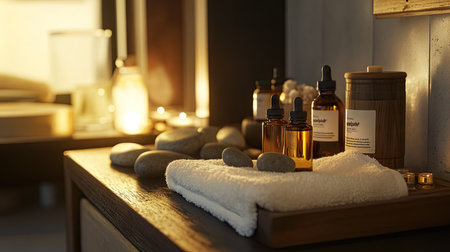 A detailed view of a spa treatment area featuring a collection of essential oils, a warm towel, and soothing stones, all arranged harmoniously.の素材
