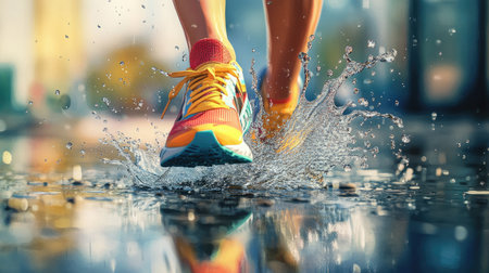 A playful scene featuring colorful sneakers splashing in a puddle during an outdoor run, evoking a sense of fun and adventure in training.の素材
