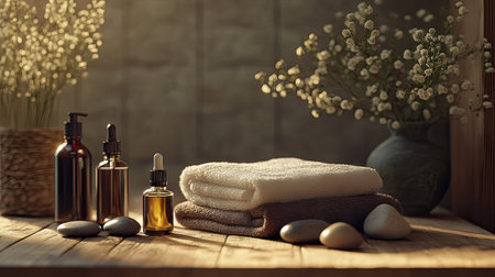 A detailed view of a spa treatment area featuring a collection of essential oils, a warm towel, and soothing stones, all arranged harmoniously.の素材
