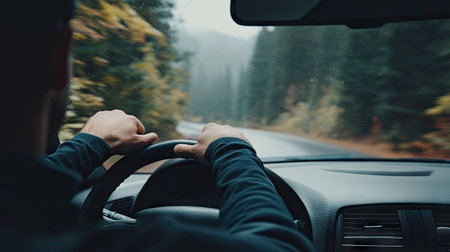 A driver adjusting their seatbelt while checking mirrors, with a scenic view through the windshield, emphasizing a safe and responsible driving routine.の素材