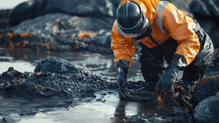 A person in protective gear cleaning an oil-slicked beach, scrubbing dark residue from rocks and sand after a major oil spill.の素材