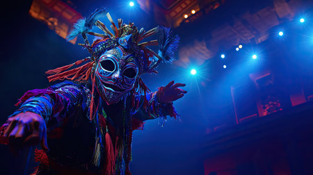 A dramatic shot of a performer on stage in a stunningly designed carnival mask, with intricate details and bold colors illuminated by vibrant stage lights.の素材