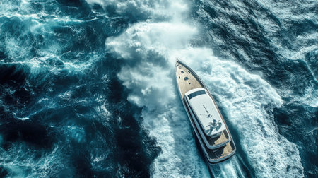 A dramatic overhead view of a yacht navigating through choppy waters during a storm, with dark clouds looming and waves crashing, showcasing the power of nature.の素材