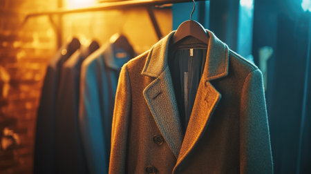 A fashionable coat on a hanger, standing out against a backdrop of casual jackets and shirts, with warm lighting adding a chic touch.の素材