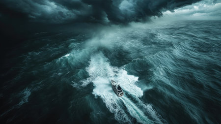 A dramatic overhead view of a yacht navigating through choppy waters during a storm, with dark clouds looming and waves crashing, showcasing the power of nature.の素材
