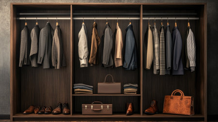 A modern wardrobe featuring men's clothing essentials jackets, dress shirts, and trousers hanging neatly, with leather shoes and a briefcase on the floor.の素材