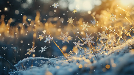 A photograph of snowflakes falling gently through the air, with several flakes in focus, showing their intricate crystalline shapes in mid-flight.の素材