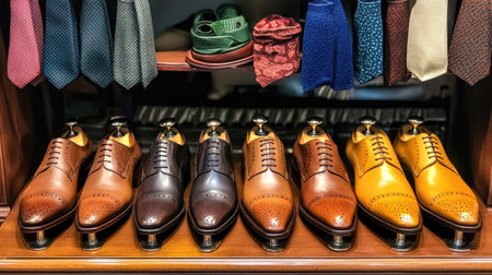 A display of men's dress shoes, including oxfords, brogues, and loafers, neatly arranged in front of matching socks and belts.の素材