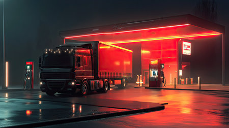 A dynamic composition of a delivery truck refueling at a gas station, illustrating the essential role of fuel in commerce and logistics.の素材