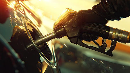 A dramatic close-up of a petrol gun being inserted into a car's fuel tank, with sunlight glinting off the metal, emphasizing the everyday activity of refueling.の素材