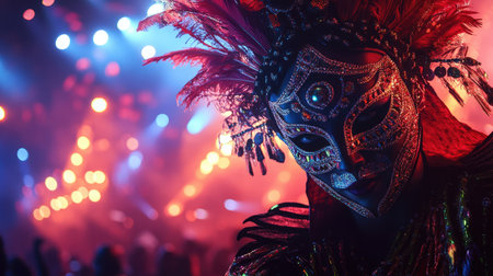 A dramatic shot of a performer on stage in a stunningly designed carnival mask, with intricate details and bold colors illuminated by vibrant stage lights.の素材