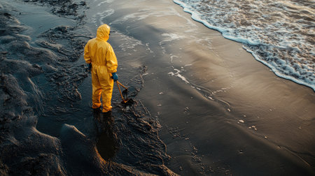 A lone worker in a yellow quarantine suit standing by an oil-streaked beach, using tools to collect oil from the surface of the water.の素材