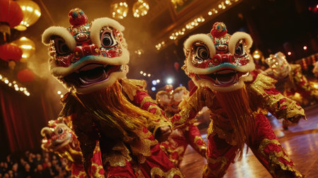 A group of lion dancers performing synchronized movements, their colorful costumes glistening under stage lights, creating a mesmerizing visual spectacle.の素材