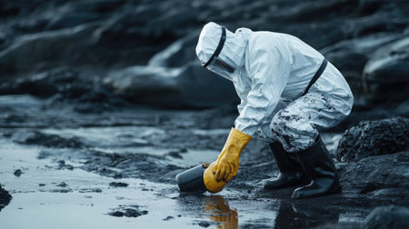 A person in protective gear cleaning an oil-slicked beach, scrubbing dark residue from rocks and sand after a major oil spill.の素材