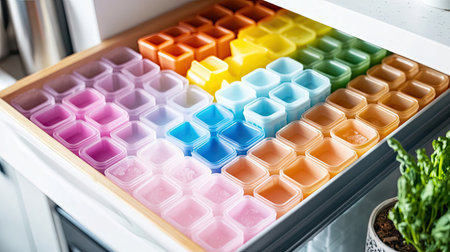 A fun and colorful shot of a variety of silicone ice cube trays stacked in a kitchen drawer, showcasing organization and creativity in kitchen tools.の素材