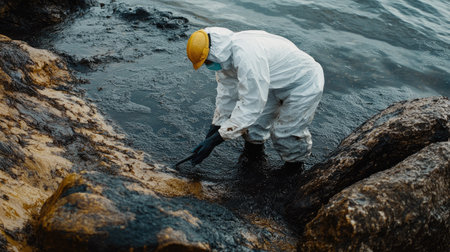 A person in protective gear cleaning an oil-slicked beach, scrubbing dark residue from rocks and sand after a major oil spill.の素材