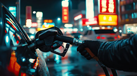 A dynamic shot of a person adjusting the petrol gun in a car's fuel tank, with bright gas station signage and other vehicles in the background, capturing the busy atmosphere.の素材