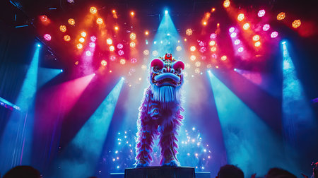 A mesmerizing image of a lion dance performance illuminated by colorful stage lights, creating a magical ambiance that highlights the artistry of the dancers.の素材