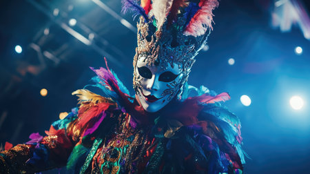 A dramatic photo of a masked performer in a colorful costume on stage during a Mardi Gras event, with bright stage lights illuminating their intricate details.の素材