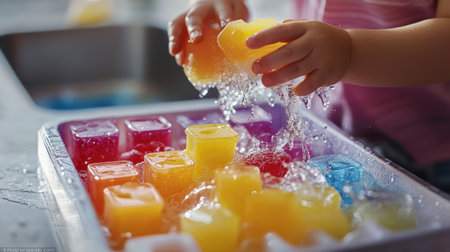 A playful image of a child filling a fun-shaped ice cube tray with juice, with a splash of color and joy, capturing the excitement of helping in the kitchen.の素材