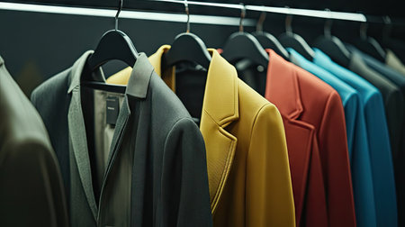 A row of jackets and coats in various colors hanging on metal hangers, with a minimalistic background in a trendy fashion store.の素材